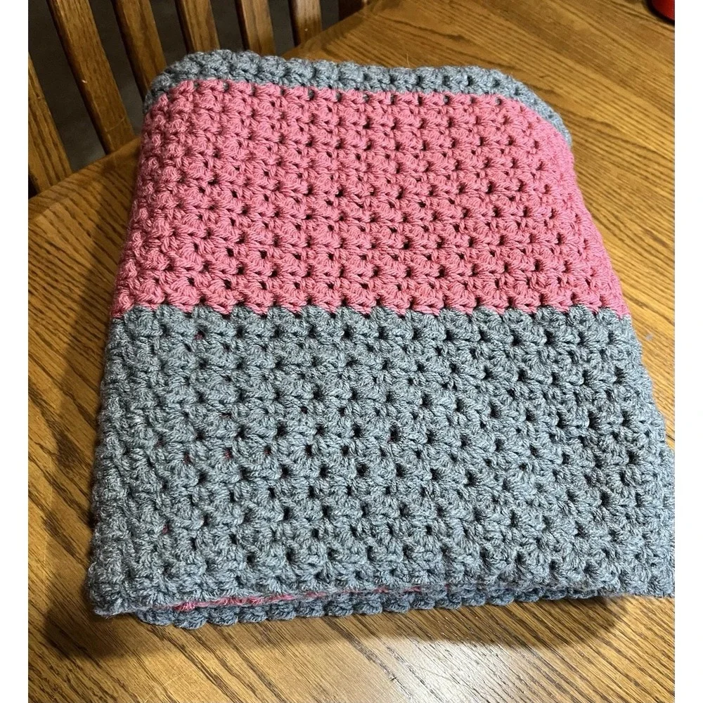 Handmade Crochet Striped Afghan Blanket Pink Gray 45x40 Cozy‎ Cottagecore